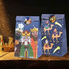 12 piezas, Bolsas de regalo de los Reyes Magos con etiquetas adhesivas, bolsas de papel para fiestas con diseño de los Tres Reyes Magos, dos modelos, diseño doble cara - Multicolor - Ver 4