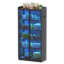 HNEBC Tall Storage Cabinet Up To 70", LED Kitchen Pantry Cabinet With Human Body Induction, 5 Tier Bookcase Display Cabinet With Adjustable Shelves For Living Room Office - màu đen - Xem 7