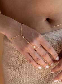 1 pieza Anillo de dedo completo chapado en oro de 18 quilates de acero inoxidable, pulsera con eslabón de satélite y decoración de cuentas - pulsera de diamantes - Ver 1