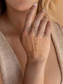 1 pieza Anillo de dedo completo chapado en oro de 18 quilates de acero inoxidable, pulsera con eslabón de satélite y decoración de cuentas - pulsera de diamantes - Ver 2