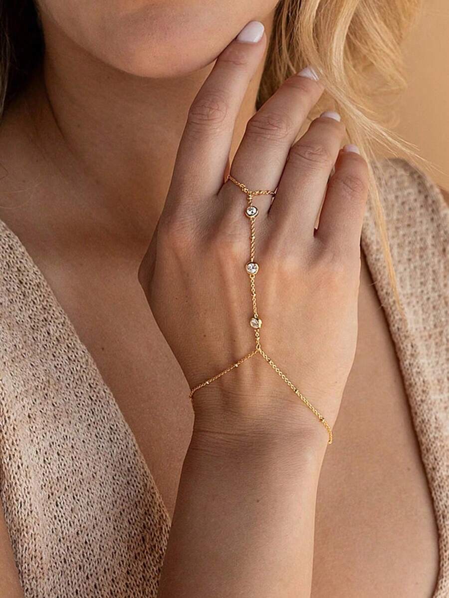 1pc 18k Gold Plated Stainless Steel Full Finger Ring Chain, Satellite Link With Bead Decor Bracelet - Diamond Bracelet - View 1