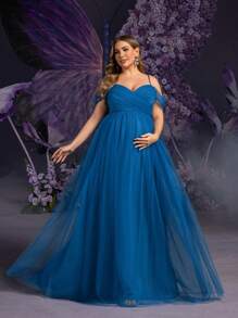 Faeriesty Dressalisa Plus 孕妇露肩系带薄纱派对连衣裙摄影裙 - 水鴨藍 - 查看 4