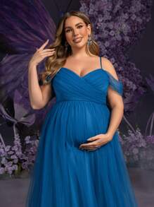 Faeriesty Dressalisa Plus 孕妇露肩系带薄纱派对连衣裙摄影裙 - 水鴨藍 - 查看 8