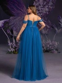 Faeriesty Dressalisa Plus 孕妇露肩系带薄纱派对连衣裙摄影裙 - 水鴨藍 - 查看 3