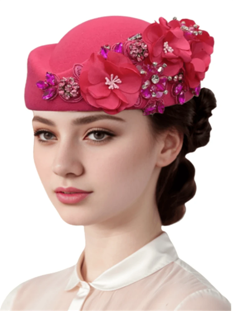 1Pc Felt Turban Hat Pillbox Hats For Women Derby Hat Fascinator Hats With Flower Embellished Elegant Ladies Tea Party Hats Vintage Beret Hat Decorated With Rhinestone Fashion Fedoras Cap For Cosplay Costume Accessories For Wedding Party Women Ladies Gift 2024 New Style. - Multicolor - View 13