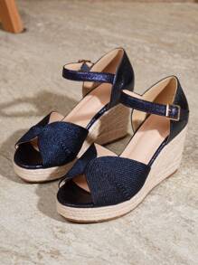 Women's Detailed Woven Metallic Texture Wedge Sandals, Open-Toe Strap High Heel Shoes, Fashion Summer Party Vacation Platform Heels - Blue - View 6