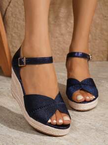 Women's Detailed Woven Metallic Texture Wedge Sandals, Open-Toe Strap High Heel Shoes, Fashion Summer Party Vacation Platform Heels - Blue - View 3
