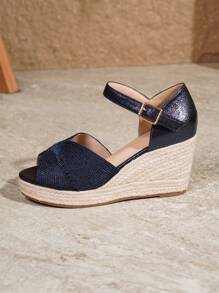 Women's Detailed Woven Metallic Texture Wedge Sandals, Open-Toe Strap High Heel Shoes, Fashion Summer Party Vacation Platform Heels - Blue - View 8