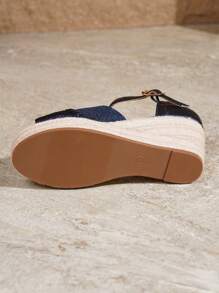 Women's Detailed Woven Metallic Texture Wedge Sandals, Open-Toe Strap High Heel Shoes, Fashion Summer Party Vacation Platform Heels - Blue - View 9