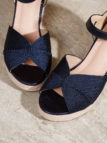 Women's Detailed Woven Metallic Texture Wedge Sandals, Open-Toe Strap High Heel Shoes, Fashion Summer Party Vacation Platform Heels - Blue - View 7