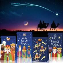 12 piezas, Bolsas de regalo de los Reyes Magos con etiquetas adhesivas, bolsas de papel para fiestas con diseño de los Tres Reyes Magos, dos modelos, diseño doble cara - Multicolor - Ver 8