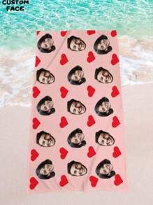1pc Customized Beach Towel, Text//Photo Customization, Super Soft Microfiber Beach Towel With Heart Design, Quick-Dry And Absorbent, Suitable For Sunbathing, Travel, Gym, And Outdoor Activities, Versatile And Portable Beach Essential Valentine's Day Summer Holiday Bathroom Decor Beach Essentials
