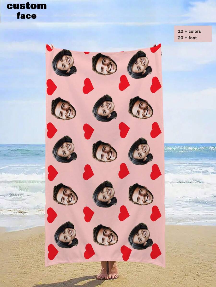 1pc Customized Beach Towel, Text//Photo Customization, Super Soft Microfiber Beach Towel With Heart Design, Quick-Dry And Absorbent, Suitable For Sunbathing, Travel, Gym, And Outdoor Activities, Versatile And Portable Beach Essential Valentine's Day Summer Holiday Bathroom Decor Beach Essentials