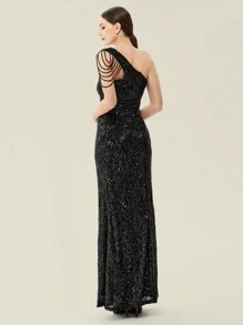 Women's Sequin Prom Dress - One Shoulder Maxi Dress Gowns And Evening Dresses For Party Wedding Guest - Black - View 3