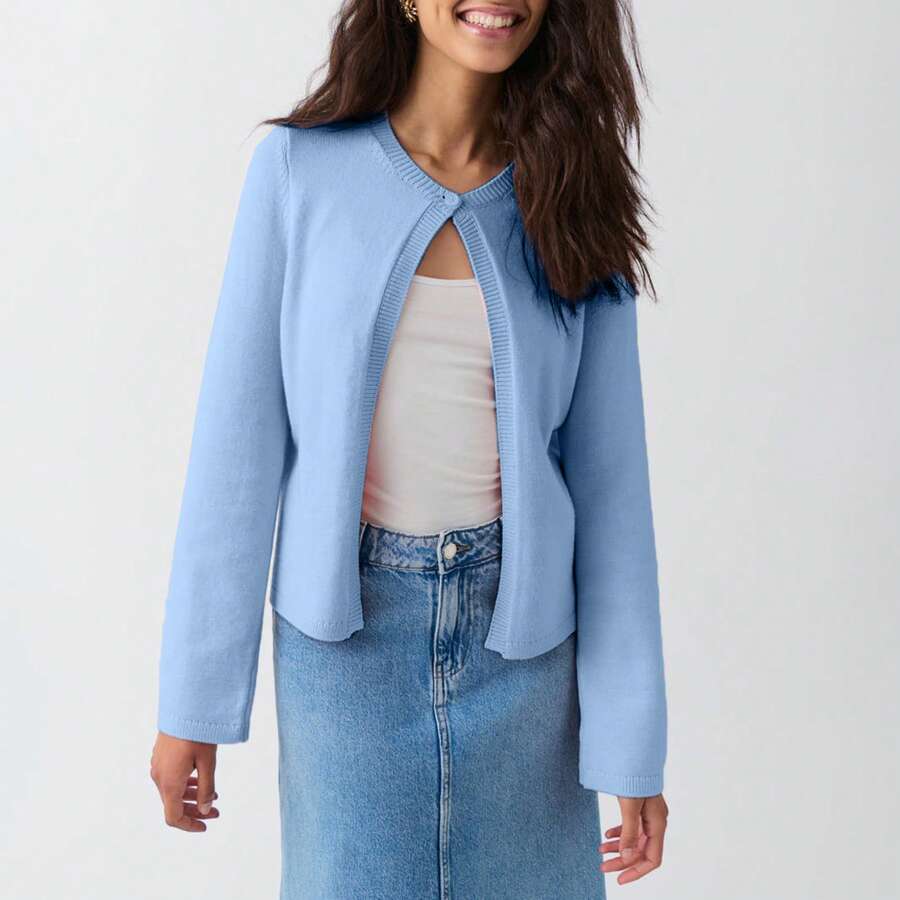 Women's Fall Knit Cardigan Solid Color Long Sleeve One Button Open Front Fitted Sweater - Màu xanh lam - Xem 1