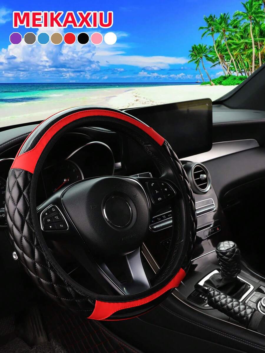 MEIKAXIU 3 件装水晶碳纤维软皮刺绣舒适弹性方向盘套，适合 14.5-15 英寸汽车，汽车内饰配件