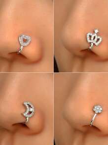 NAIZHU 1 Pair Unique Asymmetric Rhinestone Decor Heart Flower Moon Crown Non-Piercing U-Shaped Nose Clip