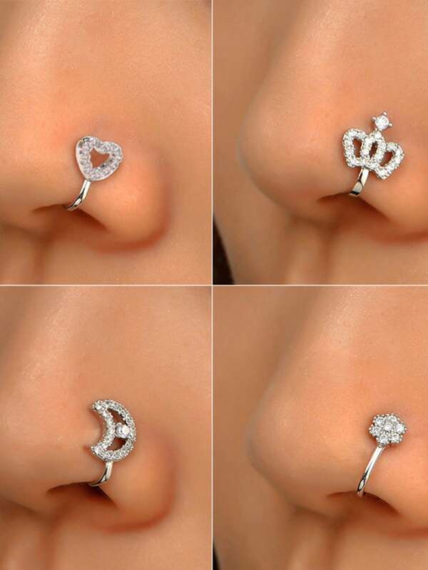 NAIZHU 1 Pair Unique Asymmetric Rhinestone Decor Heart Flower Moon Crown Non-Piercing U-Shaped Nose Clip