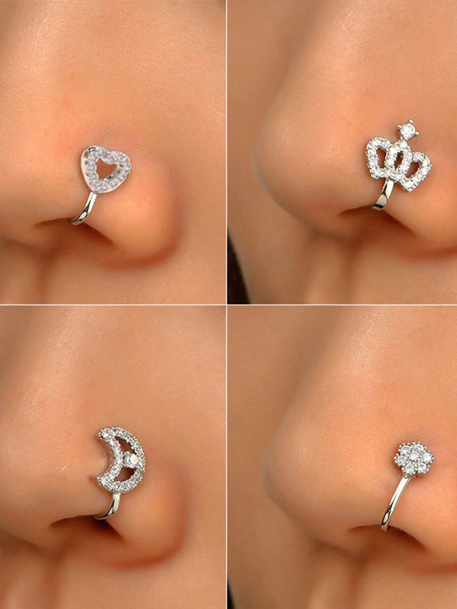 NAIZHU 1 Pair Unique Asymmetric Rhinestone Decor Heart Flower Moon Crown Non-Piercing U-Shaped Nose Clip