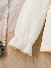 2 件装年轻女孩可爱舒适针织蝴蝶结肩部荷叶边上衣和喇叭裤套装，时尚 - 杏色 - 查看 3