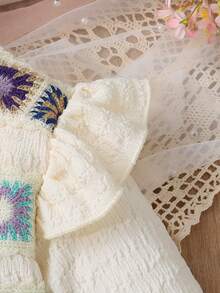 2 件装年轻女孩可爱舒适针织蝴蝶结肩部荷叶边上衣和喇叭裤套装，时尚 - 杏色 - 查看 4