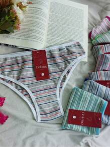 Kit 5 Striped Cotton Panties Comfort Lingerie Printed Women's Intimate Fashion Comfortable Women's Thong Set - Nhiều màu - Xem 2