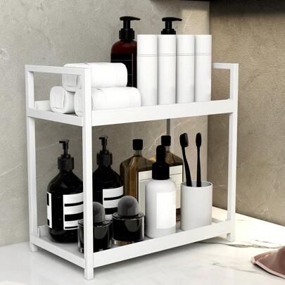 1pc Double-Layer Bathroom Countertop Storage Rack, Vanity Makeup Organizer, Independent Kitchen Spice Rack, Bathroom Storage Shelf, Kitchen Storage Rack, Metal Material Storage Rack, Under Sink Storage Rack, Multi-Function Iron Storage Rack