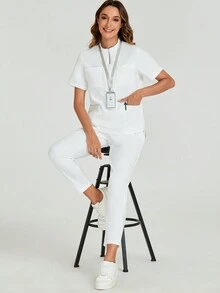 cimmuovere 短袖实验室外套护士医护人员手术制服套装适用于牙医医生诊所美容院精神科医生带口袋 - 白色 - 查看 5