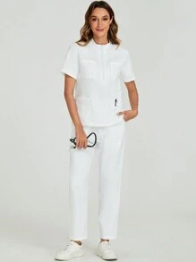 cimmuovere 短袖实验室外套护士医护人员手术制服套装适用于牙医医生诊所美容院精神科医生带口袋 - 白色 - 查看 7