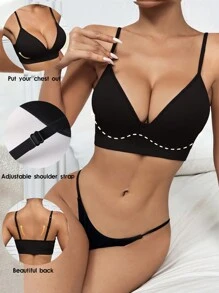 Seamless Knit Wireless Padded Comfort Push Up Sports Bra - Black - View 3