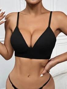 Seamless Knit Wireless Padded Comfort Push Up Sports Bra - Black - View 5