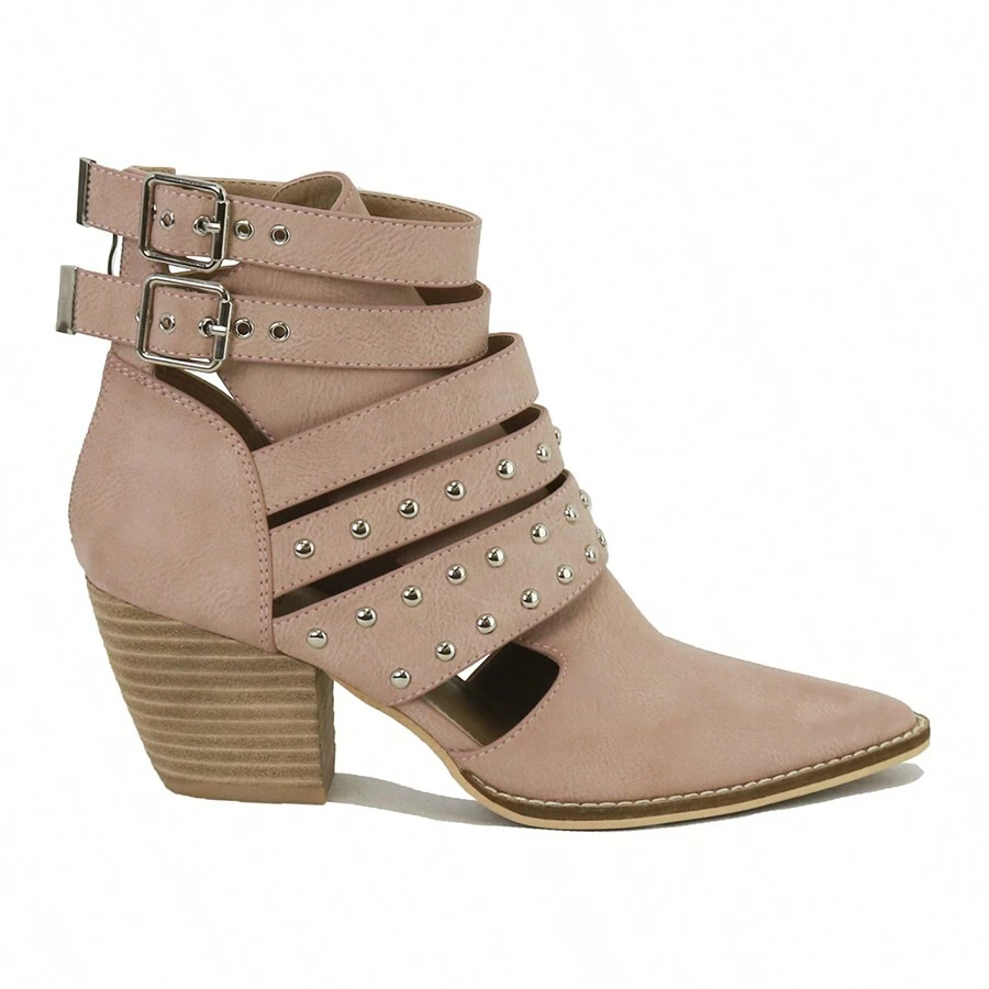 SPRING-FALL HOLLOW OUT CHUNKY POINT TOE WOMEN'S BOOTIE - Blushing - View 1