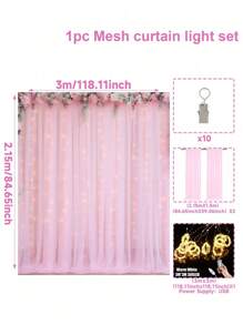 Bộ rèm cửa màu hồng và dây đèn, băng rôn vải mỏng trang trí hoàn hảo cho tiệc sinh nhật, đám cưới, tiệc năm mới 2025, tường nền phòng, bao gồm 2 tấm vải mỏng màu hồng 150 * 215cm, 1 dây đèn ấm 300cm 300 đèn LED, đèn dây rèm cửa dùng nguồn USB, điều khiển từ xa 8 chế độ chiếu sáng và 10 kẹp rèm cửa - Hồng - Xem 9