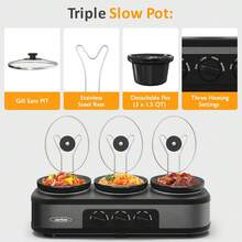 Sunvivi Triple Slow Cooker, Buffet Food Warmer With Three 1.5-Quart Removable Ceramic Pots, Buffet Servers And Warmers With Glass Lids And 3 Spoons, Stainless Steel, Grey - US A Type Plug(110-127V) - View 3