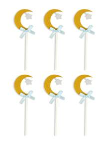 6 Stücke Mond Stern funkelnde Papier Cupcake Dekoration, goldener Mond und silberner Stern, rosa/blaue Schleife Kuchen Dekoration, geeignet für Geburtstags-Party, Geschlechter-Enthüllung, Hochzeit, Gabel Wild Horse Party Dekoration