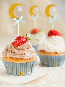 6 Stücke Mond Stern funkelnde Papier Cupcake Dekoration, goldener Mond und silberner Stern, rosa/blaue Schleife Kuchen Dekoration, geeignet für Geburtstags-Party, Geschlechter-Enthüllung, Hochzeit, Gabel Wild Horse Party Dekoration