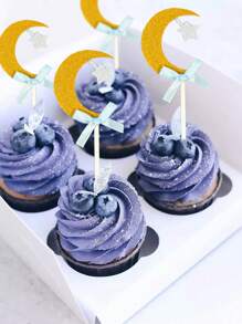 6 Stücke Mond Stern funkelnde Papier Cupcake Dekoration, goldener Mond und silberner Stern, rosa/blaue Schleife Kuchen Dekoration, geeignet für Geburtstags-Party, Geschlechter-Enthüllung, Hochzeit, Gabel Wild Horse Party Dekoration