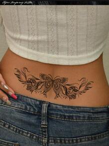 纸质临时纹身贴，性感腰腹蝴蝶纹身贴，腰贴，适合女性防水假纹身贴，花卉纹身贴可持续 3-5 天，身体装饰贴可遮盖疤痕，适用于胸部、腰部、肩部、颈部或背部，适合派对、礼物、节日，易于粘贴和去除一次性纹身贴 - 黑色 - 查看 3