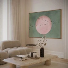 1PC, Canvas Hanging Poster, Solid Wood 30*40 Framed Painting, Light Blue Japandi Canvas Wall Art Print, Flying Bird Frame Art, Minimalist Landscape Artwork, Large Living Room Decor, Pink Moon Decor