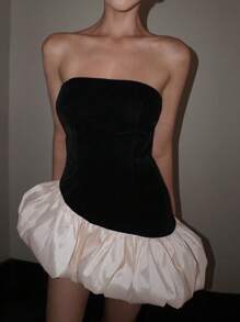 Robe mini asymétrique à volants et sans bretelles pour femmes, automne WOWDARK - Noir - Voir 9