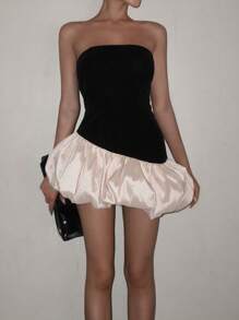 Robe mini asymétrique à volants et sans bretelles pour femmes, automne WOWDARK - Noir - Voir 4