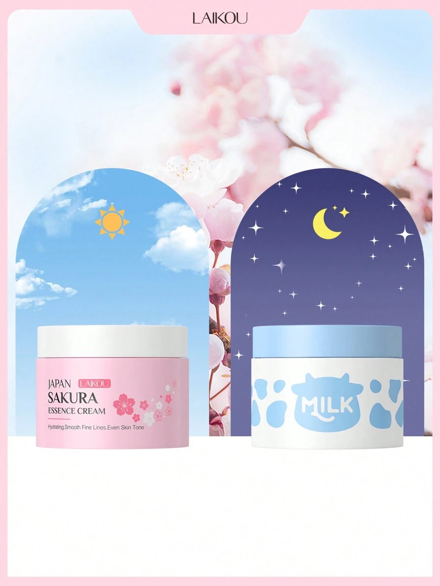 两件套：25克樱花精华霜（日用）和25克牛奶保湿霜（晚用），莱口出品，保湿面霜，抗皱保湿乳液，适合所有肤质，日常护理 - 藍色 - 查看 1