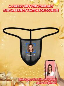 Custom Men Black Net Trim Thong Underwear, Personalized Face ID Print Sexy Breathable Lingerie, Intimate Valentine's Day Gift