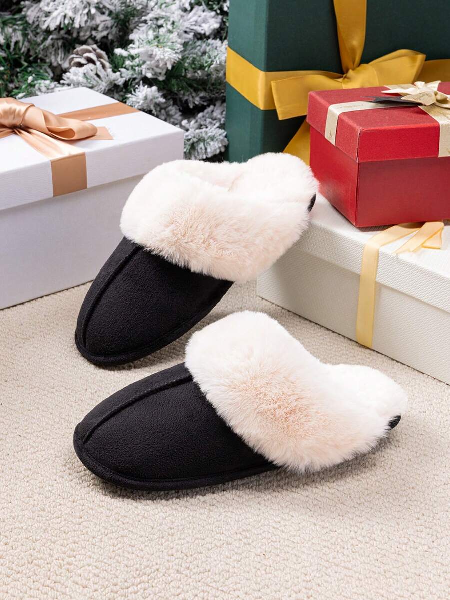 Women Furry Slippers Fluffy Soft Warm Slip On House Slippers Non-Slip Cozy Plush Indoor Outdoor Winter Fuzzy Lined Slippers Bedroom Shoes For Valentine's Day Gift - Black - View 1
