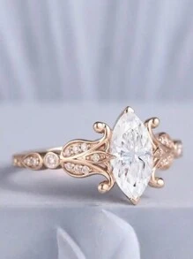 新款女士时尚奢华花朵铜戒指，镶嵌合成锆石，设计优雅，适合求婚、婚礼和周年纪念 - 玫瑰金 - 查看 1