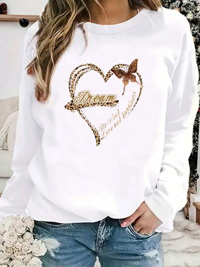 Women's Crew-Neck Sweatshirt Crew-Neck Hoodie Autumn And Winter Long Sleeves Fashion Everything Butterfly Love Print Suitable For Autumn And Winter, Simple And Generous Fashion Casual Everything