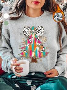Colorful Bow & Christmas Tree Cartoon Letter Print Fleece Crew Neck Sweatshirt, Autumn/Winter - Light Grey - View 7