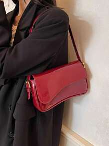 勃艮第包 极简纯色 女士单肩包 翻盖单肩包 法棍包 手提包 腋下包，方形包 一体式 PU 皮革纹理包，漆皮 鳄鱼纹 PU 皮革材质 时尚百搭 优雅性感 适合手提、单肩 工作、商务、通勤、户外、旅行 包包尺寸 27*15*6*，时尚勃艮第包 - 酒紅色 - 查看 3