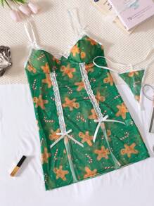 Áo ngủ nữ gợi cảm họa tiết kẹo mía hình người đàn ông bánh gừng - màu xanh lá - Xem 6