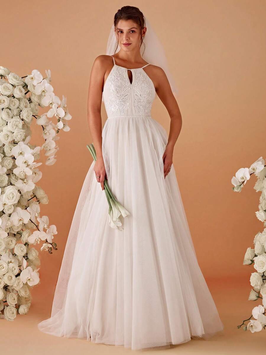 Cold Shoulder Mesh Appliques Wedding Dress White Elegant Bridal Dress - White - View 1